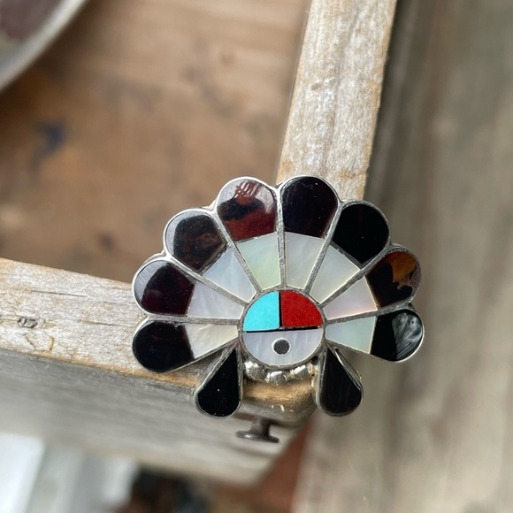 Vintage Signed Zuni Inlay Sun Face Pendant Pin Turquoise Coral Onyx MOP TigerEye - Picture 6 of 12